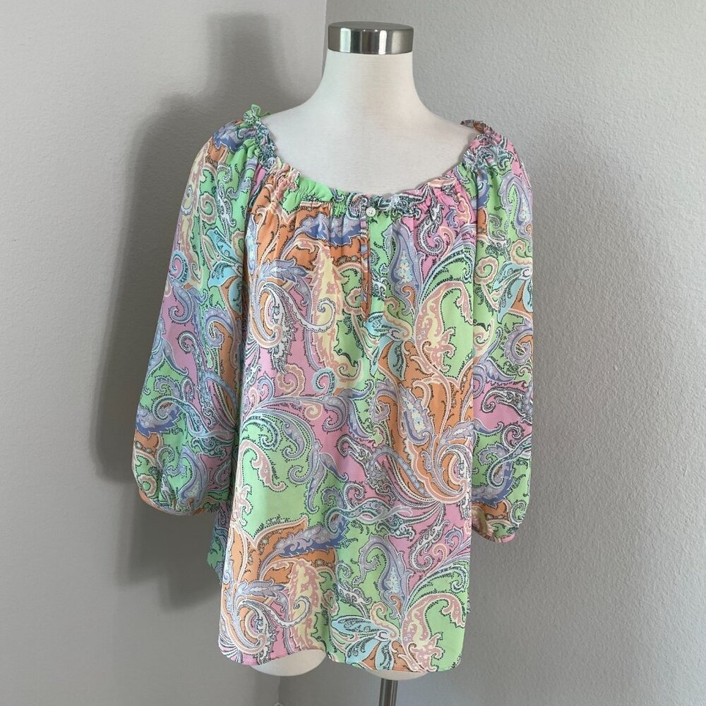 Chaps Womens Large Paisley Peasant Boho Blouse Chiffon Shirt Top 3/4 Sleeve